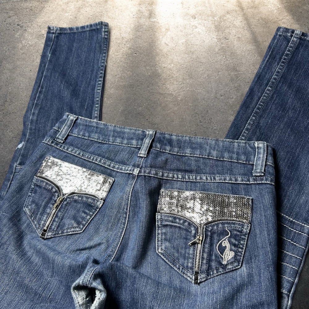 Baby Phat Girlz Y2K Sequin Biker Jeans Dark Wash Blue Size 14 Retro Goth